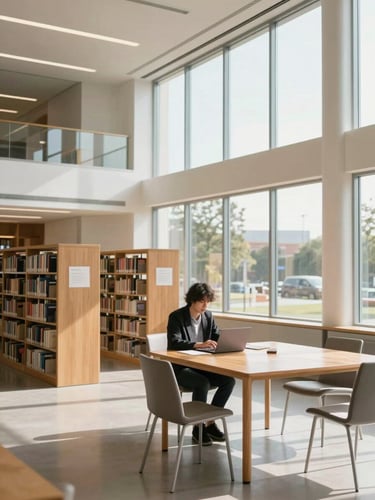 Wide shot of a bright, modern public library interior, a person using a laptop on a wooden table near a large window, natural morning light, clean lines.