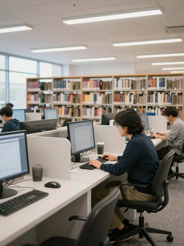 A bright, naturally lit local public library interior with a patron using an accessible desktop computer station, clean composition, high contrast, even lighting.