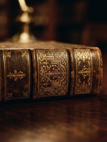 Macro close-up of a gold-embossed leather book spine resting on a dark mahogany table, warm low-key lighting, shallow depth of field