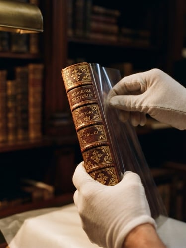 Macro close-up of hands carefully wrapping a vintage gold-embossed book spine in protective archival mylar, warm low-key lighting, dark mahogany wood background
