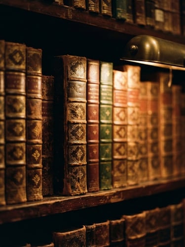 Macro close-up of gold-embossed leather book spines on a dark mahogany shelf, warm dramatic desk lamp light, shallow depth of field, 35mm film style