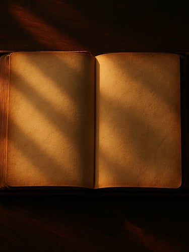 Overhead flat-lay of a rare leather-bound book open on a dark mahogany desk, warm golden-hour window light casting long shadows across aged paper edges