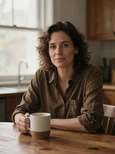 Warm editorial portrait of an advisor sitting at a wooden kitchen table with a ceramic coffee mug, soft natural window light, rich muted earth tones, shallow depth of field, 35mm