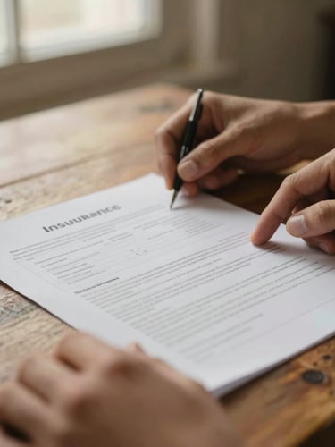 A close-up shot of hands reviewing printed insurance documents on a rustic table, warm golden light, soft focus, 35mm