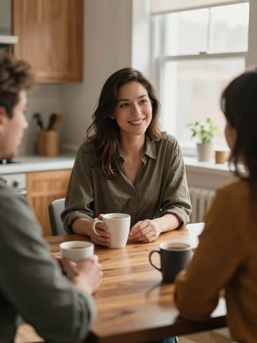 A local advisor sitting at a warm wooden kitchen table with a client, soft morning window light, coffee mugs, shallow depth of field, 35mm