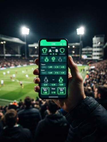 Dynamic high-contrast mockup of a modern sports betting interface on a smartphone screen, glowing neon green odds, dark stadium background with floodlights, 35mm lens