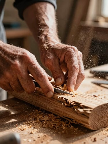 Close-up of weathered hands carving a piece of local wood in a sunlit workshop, sawdust floating in the warm light beams, rustic tools in the background.