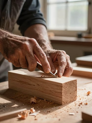 Detailed close-up of a craftsman's weathered hands carving a block of cedar wood, soft natural sunlight streaming through a workshop window, wood shavings visible on the workbench, warm organic tones.