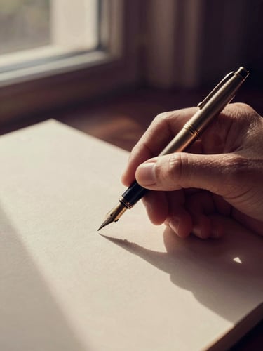 An elegant close-up of a hand holding a vintage fountain pen over thick cream paper, warm dramatic window light casting soft shadows, deep plum and champagne gold tones, 35mm.