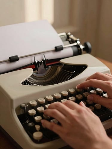 Close-up of elegant hands typing on a classic typewriter, warm low-key window light catching the texture of heavy paper, shallow depth of field, champagne gold tones.