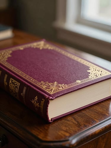 A close-up of a beautifully bound hardcover book with intricate gold foil detailing on a deep plum cover, resting on an antique desk, warm dramatic lighting, 35mm.