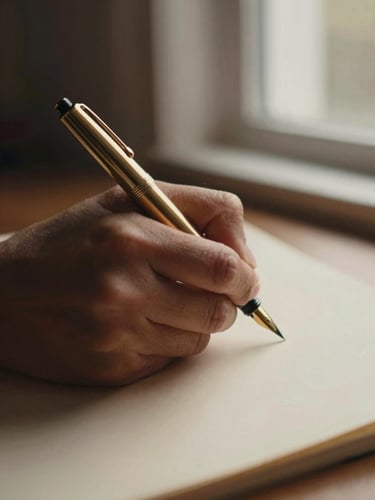 A close-up of a hand with deep skin tones writing with a gold fountain pen on heavy cream paper, warm dramatic window light, shallow depth of field.