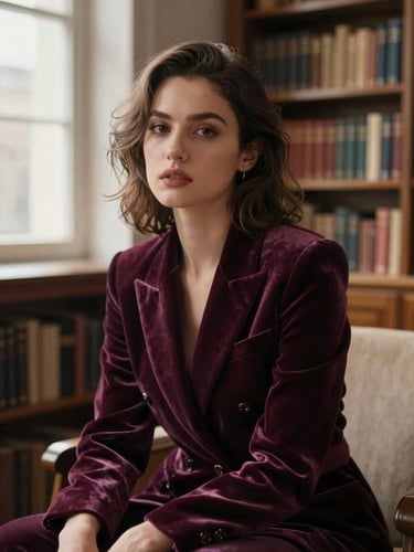 A moody, elegant portrait of a woman in a rich plum velvet blazer, sitting in a warm, low-key lit library with book-lined shelves in the background, shallow depth of field, 35mm.