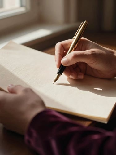 Close-up of elegant hands holding a heavy gold fountain pen over thick cream linen paper. Warm, dramatic window light with soft shadows, deep plum velvet sleeve in the frame, shallow depth of field, 35mm.