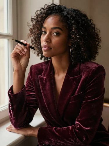 A moody, warm editorial portrait of a woman of color author in a rich plum velvet blazer, sitting by a window with soft, low-key dramatic light, holding a fountain pen, 35mm photography.