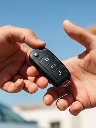 Close-up of hands handing over modern car keys under bright Mediterranean sunlight, high-contrast clean tones, crisp editorial automotive photography