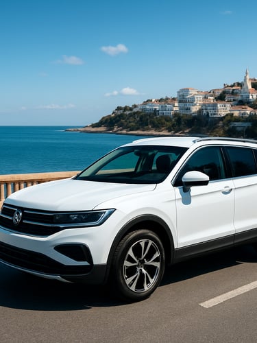 A clean modern white SUV parked along the scenic Mediterranean coastal road in Algiers, bright daylight, high-contrast clean tones, wide-angle lens