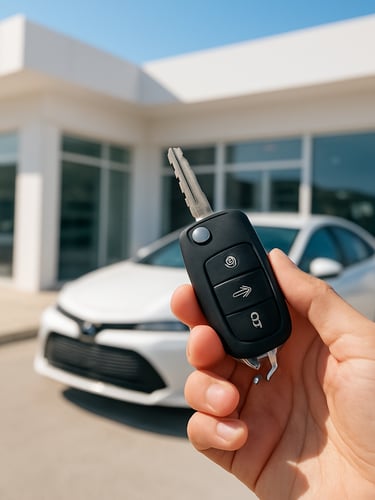 Gros plan sur des mains tenant des clés de voiture modernes devant une agence de location propre et lumineuse, lumière du jour méditerranéenne.