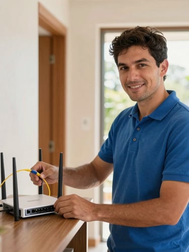 Bright lifestyle portrait photography of a local technician in a blue polo shirt installing a sleek fiber optic router in a warm Portovelo home, natural daylight, 35mm.