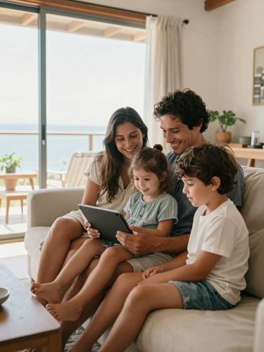 Bright lifestyle photography of a family in Portovelo sitting in their living room, smiling while streaming on a tablet, warm natural light, 35mm