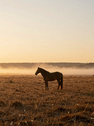 Wide environmental shot of the flat Alegrete Pampa horizon at sunrise, a single horse standing in the soft morning mist, natural warm golden hour lighting.