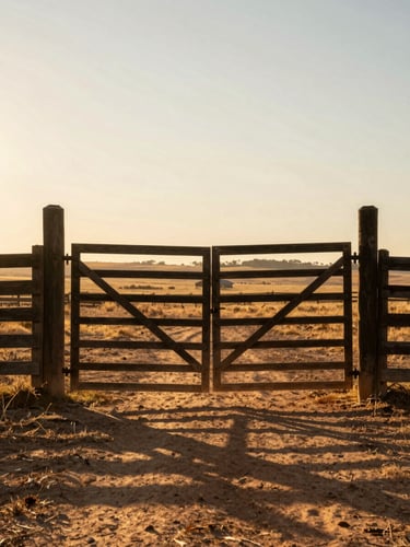 Wide environmental shot of a traditional wooden Pampa ranch gate open, golden hour light casting long shadows on the dry earth, vast flat horizon of Alegrete in the background.