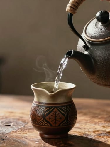 Close-up of hands pouring hot water from a traditional kettle into a decorated chimarrão mate cup, warm morning light, rustic wooden table surface.