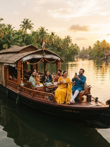 Wide panoramic shot of Indian travelers joyfully exploring the backwaters of Kerala in a houseboat at golden hour, warm natural sunlight, rich saturated tropical tones, shallow depth of field.