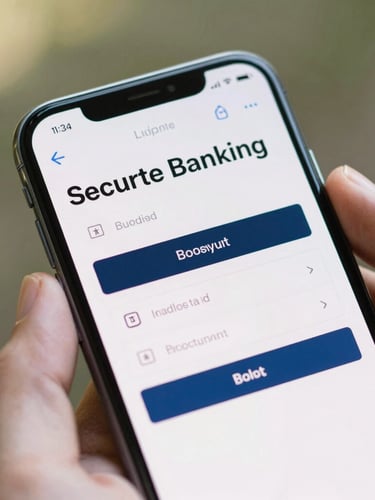 Close-up of a smartphone screen displaying a secure banking login interface, held by a person's hand, bright natural daylight.