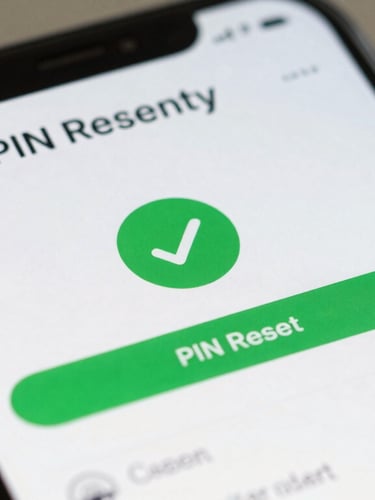 Close-up of a mobile banking app screen showing a successful PIN reset confirmation with a green checkmark, clear UI annotations, bright lighting.