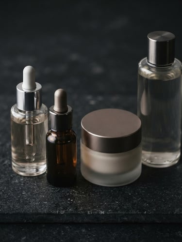 Luxury cosmetic glass bottles on a dark stone surface, soft dramatic studio lighting, metallic reflections, minimalist high-end editorial style