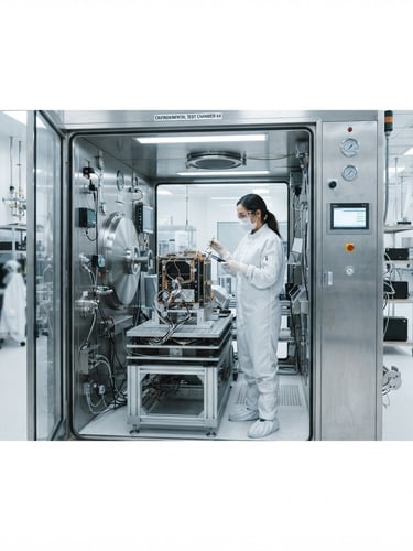 Wide panoramic shot of a modern environmental testing chamber, showing an engineer in a cleanroom inspecting a product inside, bright clinical white studio lighting, sharp focus, cool desaturated tones, high-precision macro details, 50mm