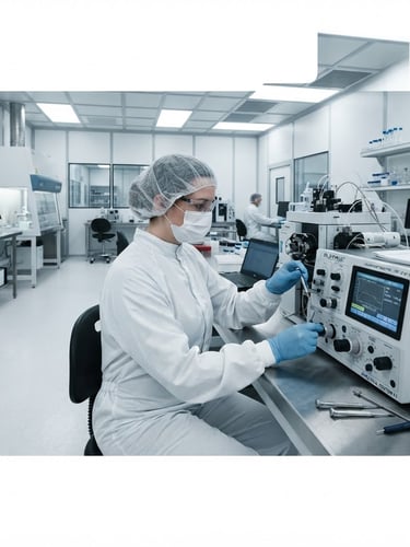 Wide panoramic shot of a cleanroom laboratory, a Solid Thrust Scientific engineer in a clean suit calibrating a high-precision analytical instrument, sharp focus on the technician's hands and the instrument interface, bright clinical white studio lighting, cool desaturated tones, 50mm.