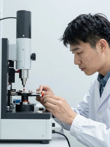 Service engineer in a cleanroom performing calibration on a complex scientific instrument, focused expression, bright white studio lighting, sharp focus, cool desaturated tones, 50mm