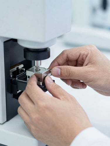 Close-up of a chemist's hands adjusting a high-precision analytical instrument's interface in a clean laboratory, bright clinical lighting, sharp focus, cool desaturated tones, 50mm.