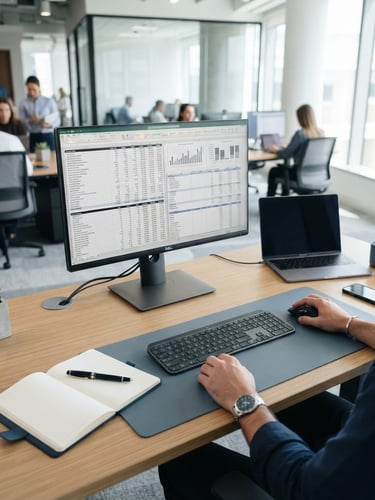 Cool editorial office photography, bright natural daylight, crisp blue and slate tones, sharp focus, a high-angle organized desk with structured financial ledgers on a screen and modern hardware.
