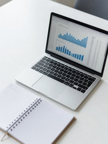 Overhead shot of a clean, organized desk with a laptop displaying financial charts and a physical ledger, cool-toned daylight.