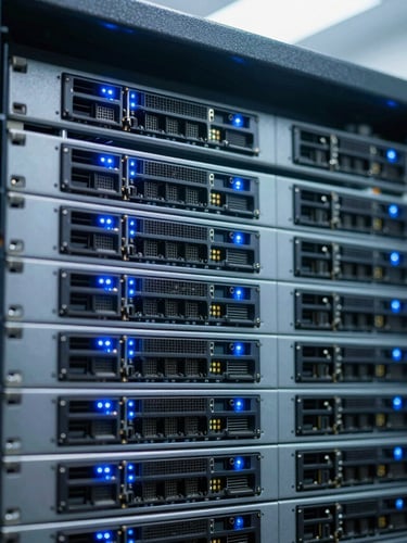 Close-up of high-end network server equipment with glowing blue indicator lights, clean and structured, cool-toned daylight, sharp focus, 35mm lens.
