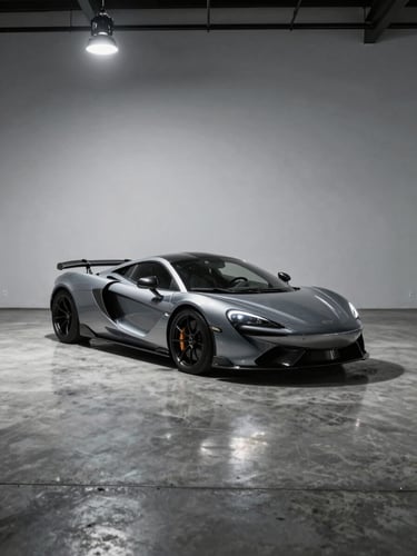 Wide environmental shot of a supercar resting on a polished concrete floor inside a minimal black warehouse, single overhead studio strobe casting a precise pool of light on the hood and front wheel, vast negative space above and to the right, no people