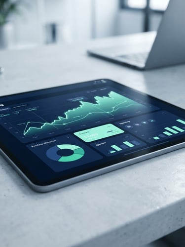 Macro shot of a sleek digital banking interface on a tablet, bright cool studio lighting, mint green and deep navy highlights, sharp focus, 35mm