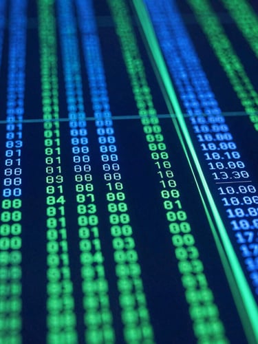 Abstract digital data flows representing a secure financial ledger, cool blue and green laser lines, dark background, sharp focus, 35mm