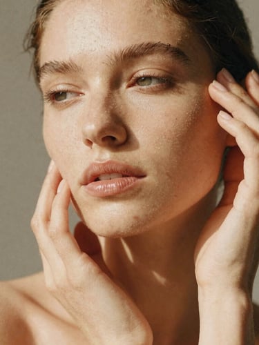Editorial close-up of radiant, healthy skin with warm golden undertones, elegant hands gently touching a serene face, soft natural daylight, shallow depth of field, 35mm film
