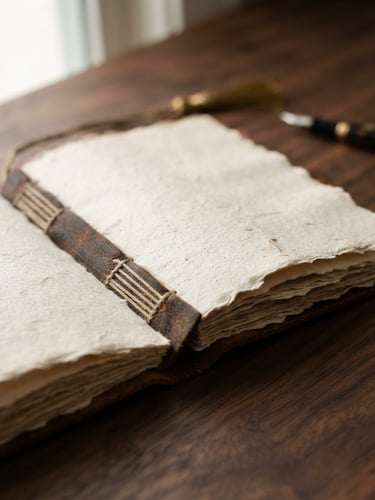 Macro photograph of a hand-bound book resting on a dark walnut desk, soft diffused window light casting gentle shadows on the paper texture.
