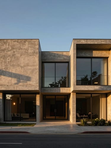Cinematic architectural photography of a modern luxury concrete villa in Santiago at golden hour, symmetrical facade, deep shadows, warm ambient light glowing from inside, 35mm lens editorial.