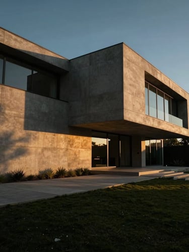 Cinematic wide-angle shot of a luxury modern minimalist villa in Santiago, Chile at golden hour, concrete and glass facade, deep dramatic shadows, editorial architectural photography, 35mm