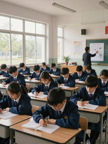 Wide environmental shot of a sunlit secondary-school classroom mid-lesson, natural daylight streaming through tall windows across rows of students bent over notebooks, a teacher standing at the board pointing to a diagram — no staged poses, real work in progress, deep blue uniform accents visible