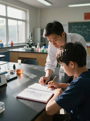 Wide environmental shot inside a secondary-school science lab, natural daylight from large windows casting long shadows across lab benches, a teacher leaning over a student's notebook pointing at a diagram, student's hand holding a pencil mid-annotation, lab equipment visible in the background out of focus, no posed expressions, authentic moment of instruction in progress