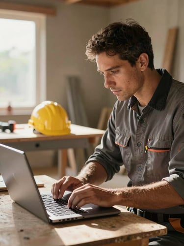Wide environmental shot of a small business owner — a contractor — reviewing a laptop screen at a job site, natural daylight streaming from the left, hard hat resting on a workbench in the background, hands on keyboard, focused expression