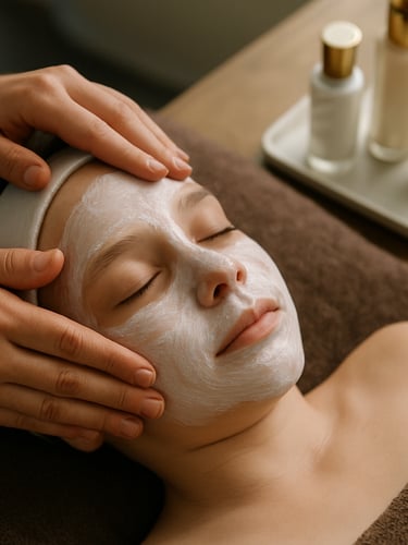 Overhead close-up of a child's face in a reclining chair, aesthetician's hands applying a soft white facial mask, natural north-facing daylight from a studio window, white-gold product bottles arranged on a tray to the upper right corner