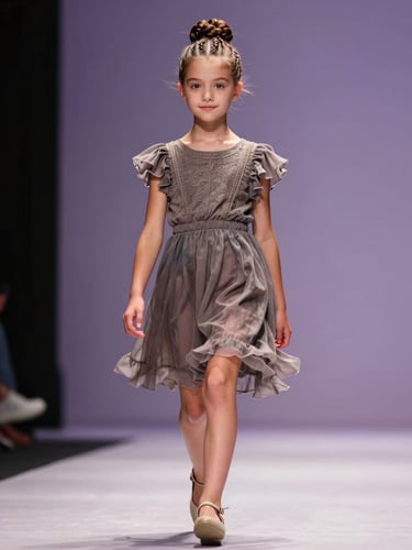 Full-body portrait of a young girl mid-stride on a runway, head held high, intricate braided updo catching warm studio strobe light, lavender backdrop visible at the far edge, motion blur at the hem of her outfit, shot from slightly below eye level